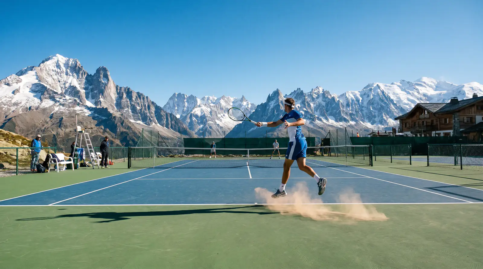 A high-altitude outdoor court with mountains beyond, illustrating how thin air speeds the ball