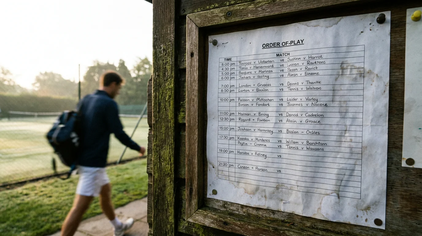 Order of play sheet on a wall noting tight turnarounds, illustrating the scheduling trap