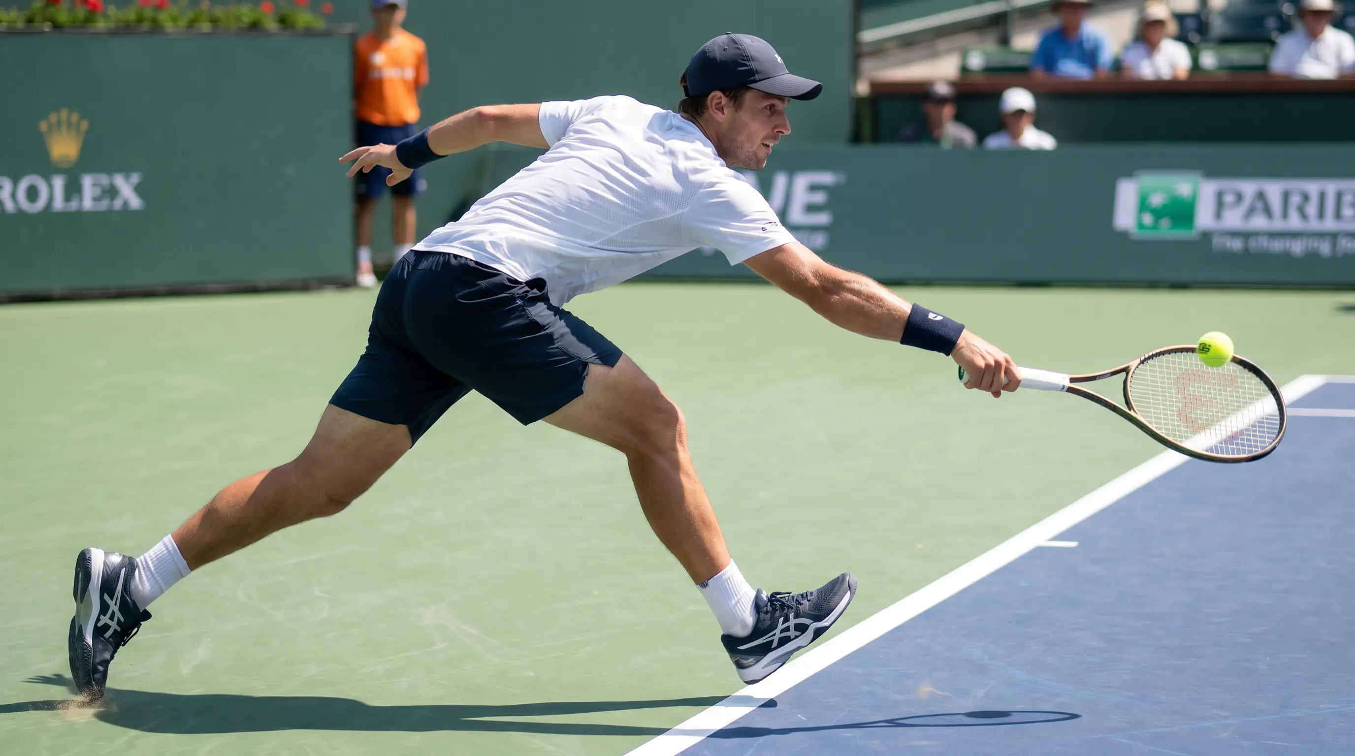 A defensive baseliner retrieving deep behind the line, illustrating the counter-puncher archetype