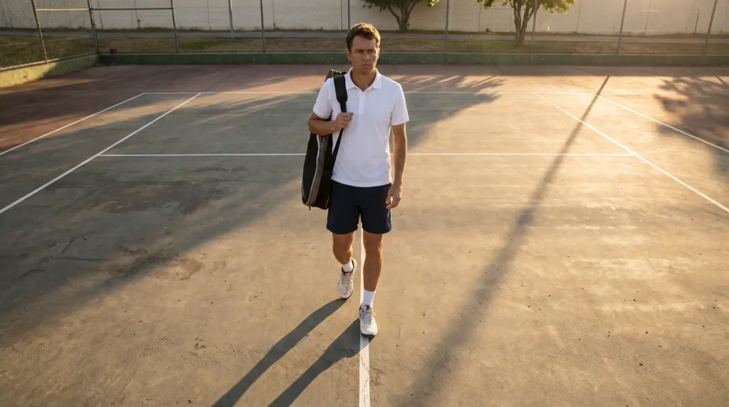 Split scene of a short match and a long five-set battle, illustrating how match format changes a tennis bet