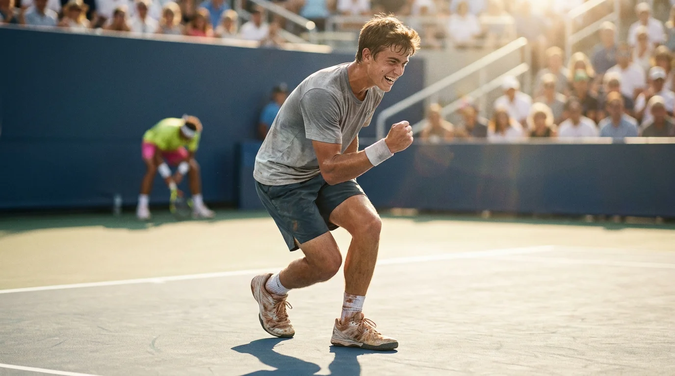 An underdog celebrating an early break in a short match, illustrating best-of-three upset windows