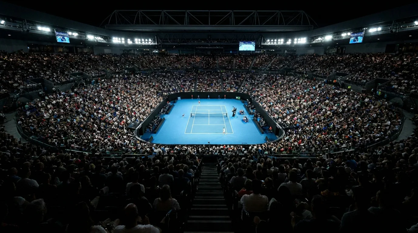 Grand Slam show court packed with spectators under floodlights, illustrating the best tennis tournaments to bet on