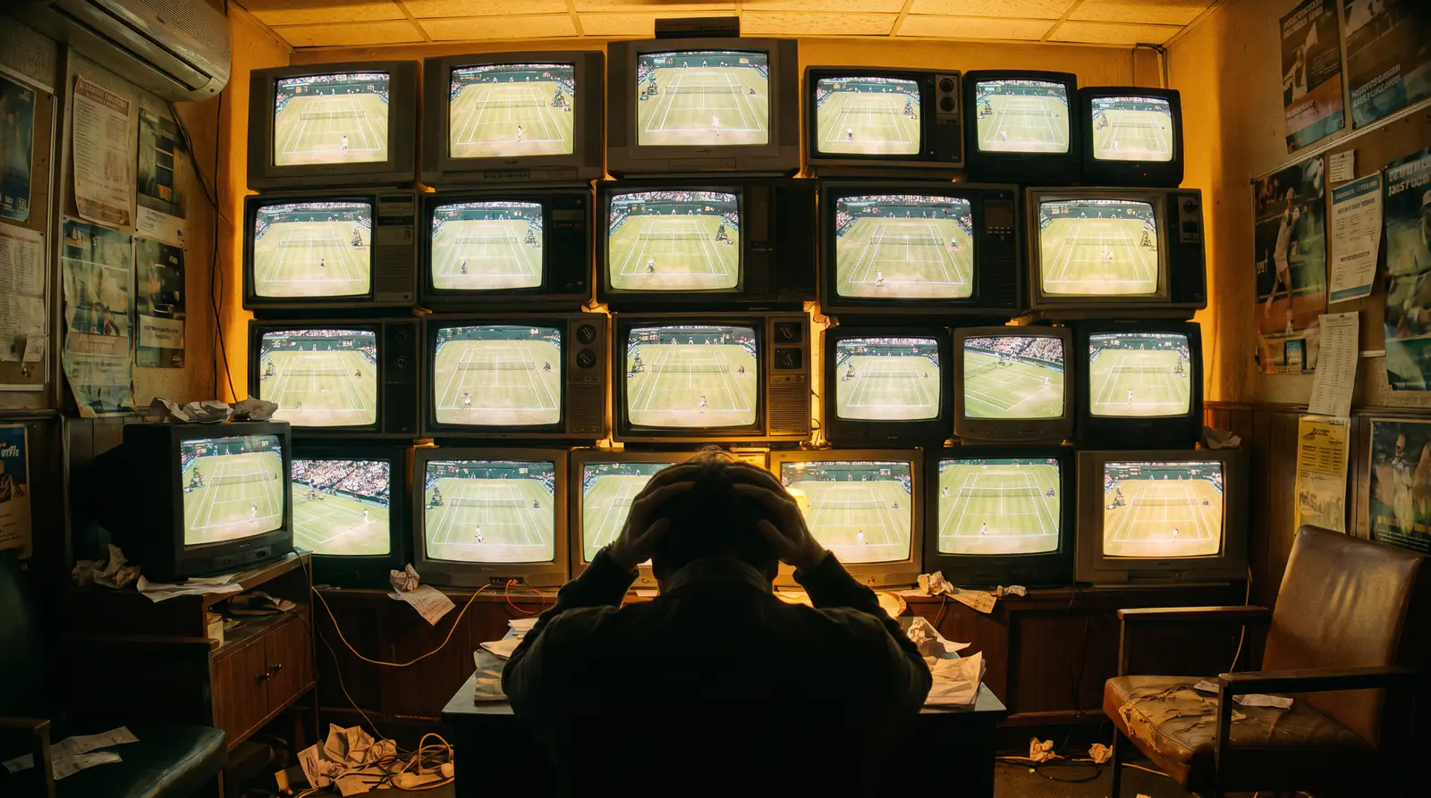 A wall of simultaneous tennis matches on screens, illustrating the trap of betting every match