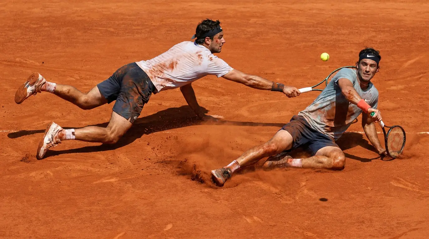 A break-heavy clay rally, illustrating how break-prone matches keep the total down