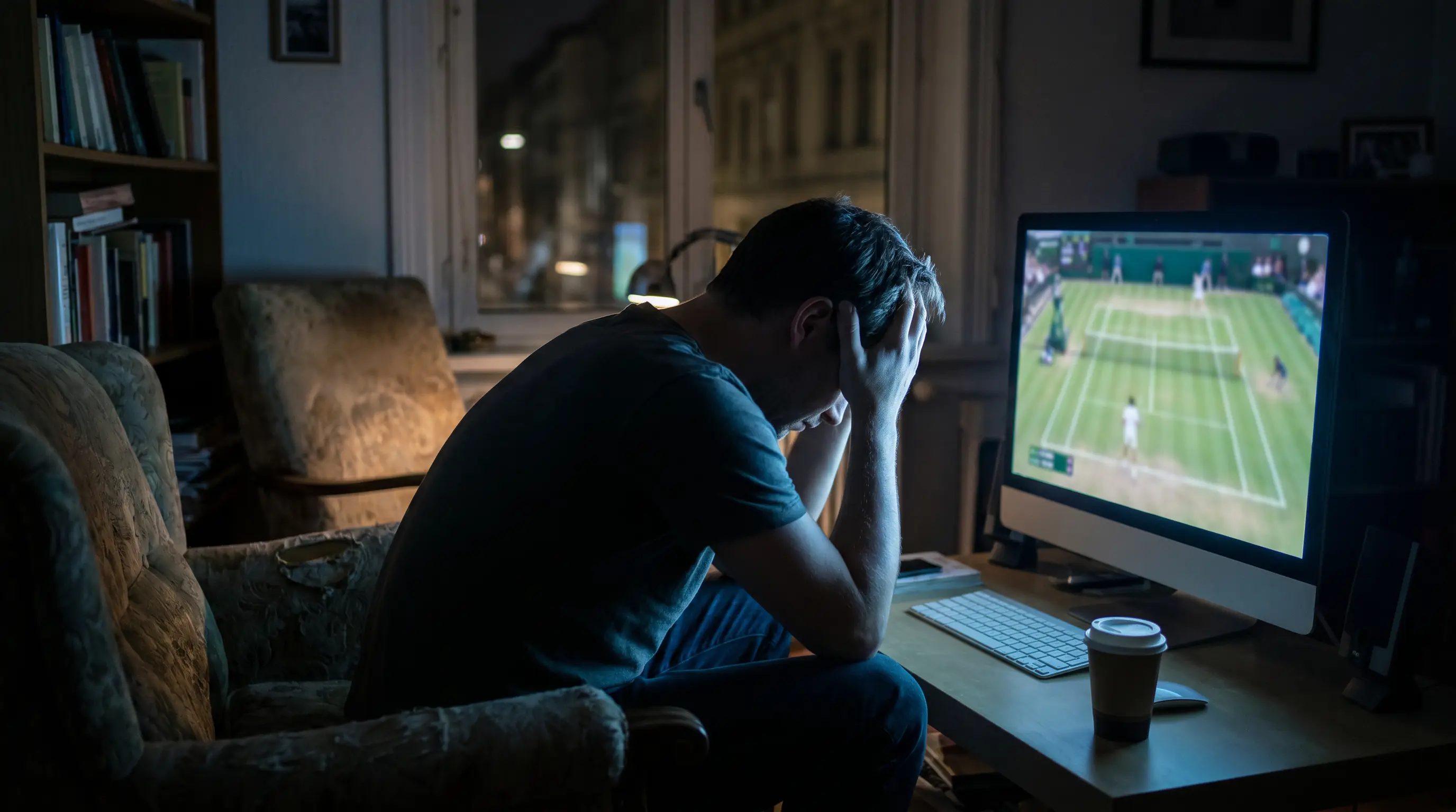 A stressed punter head in hands before a screen, illustrating chasing and tilt