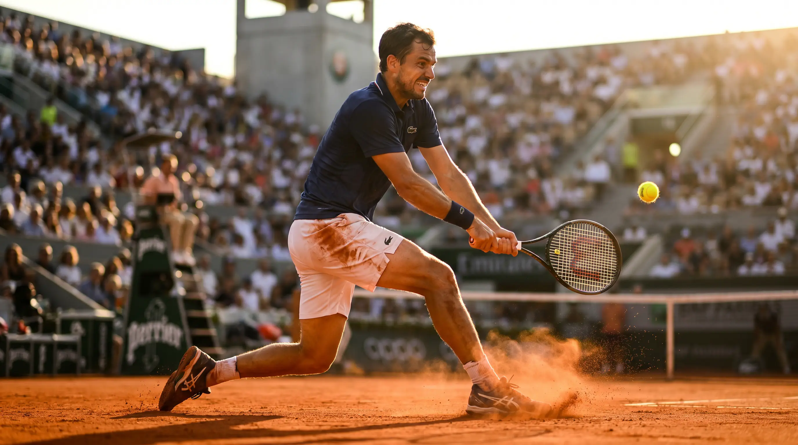 Clay-court specialist sliding into a topspin forehand on red clay