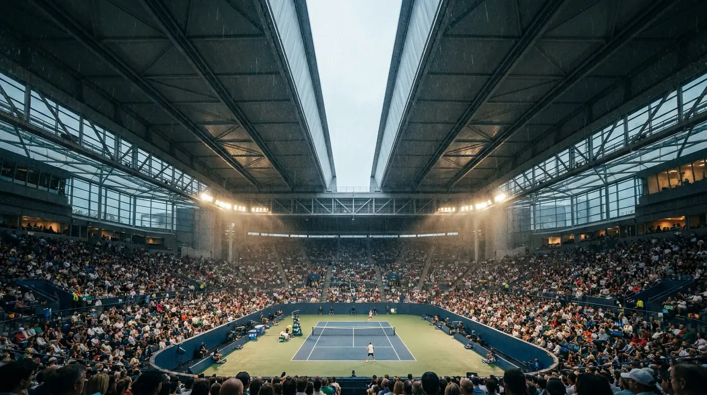 A retractable roof closing over a stadium, illustrating how a closed roof becomes indoor tennis