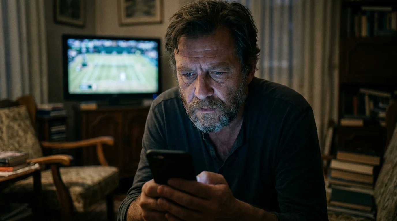 Frustrated bettor looking at a phone late at night, tempted to chase losses on tennis bets