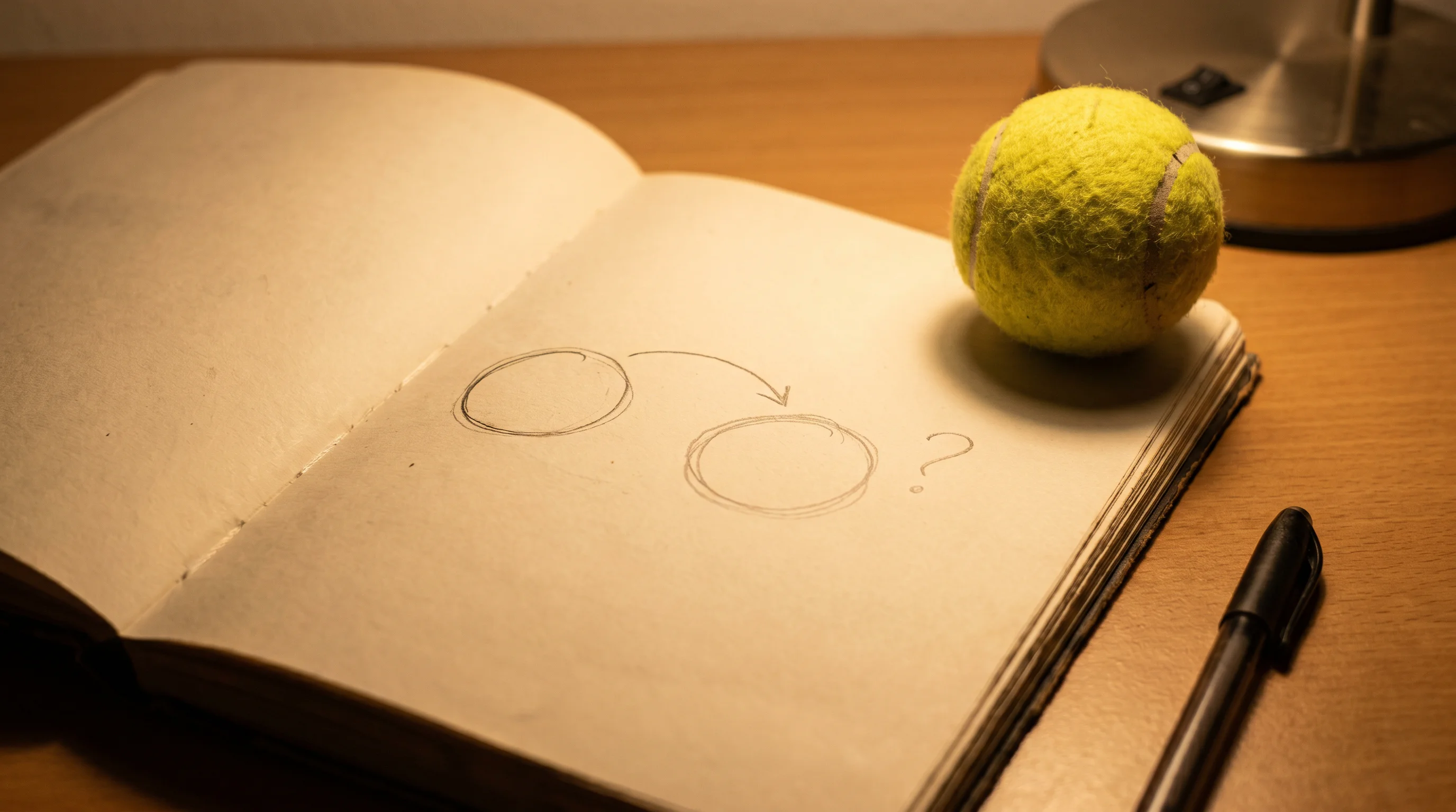 Two linked tennis outcomes drawn as connected nodes in a notebook, illustrating a correlation trap