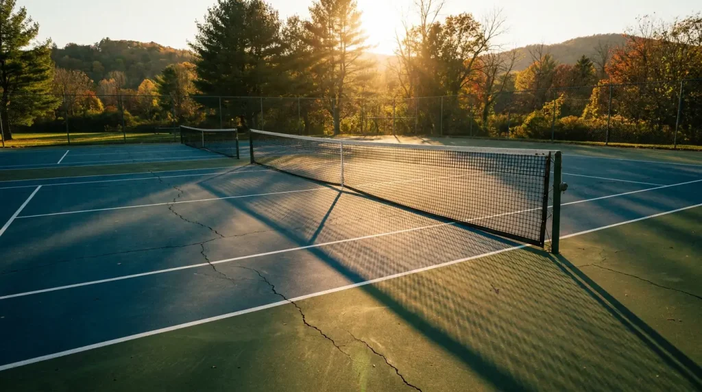 Sunlit hard court with long shadows, illustrating how court speed and conditions shape tennis betting