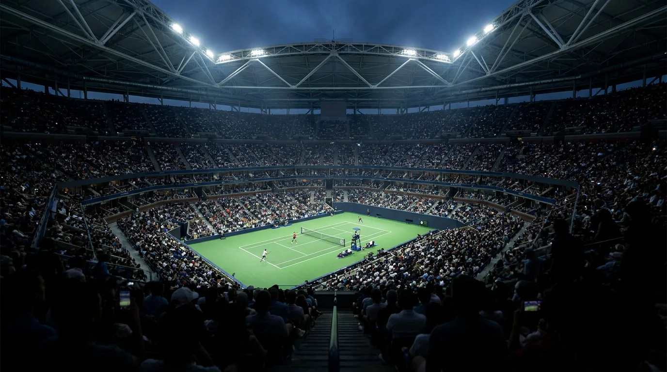 View from the stands of a live tennis match, evoking how speed of information shapes live prices