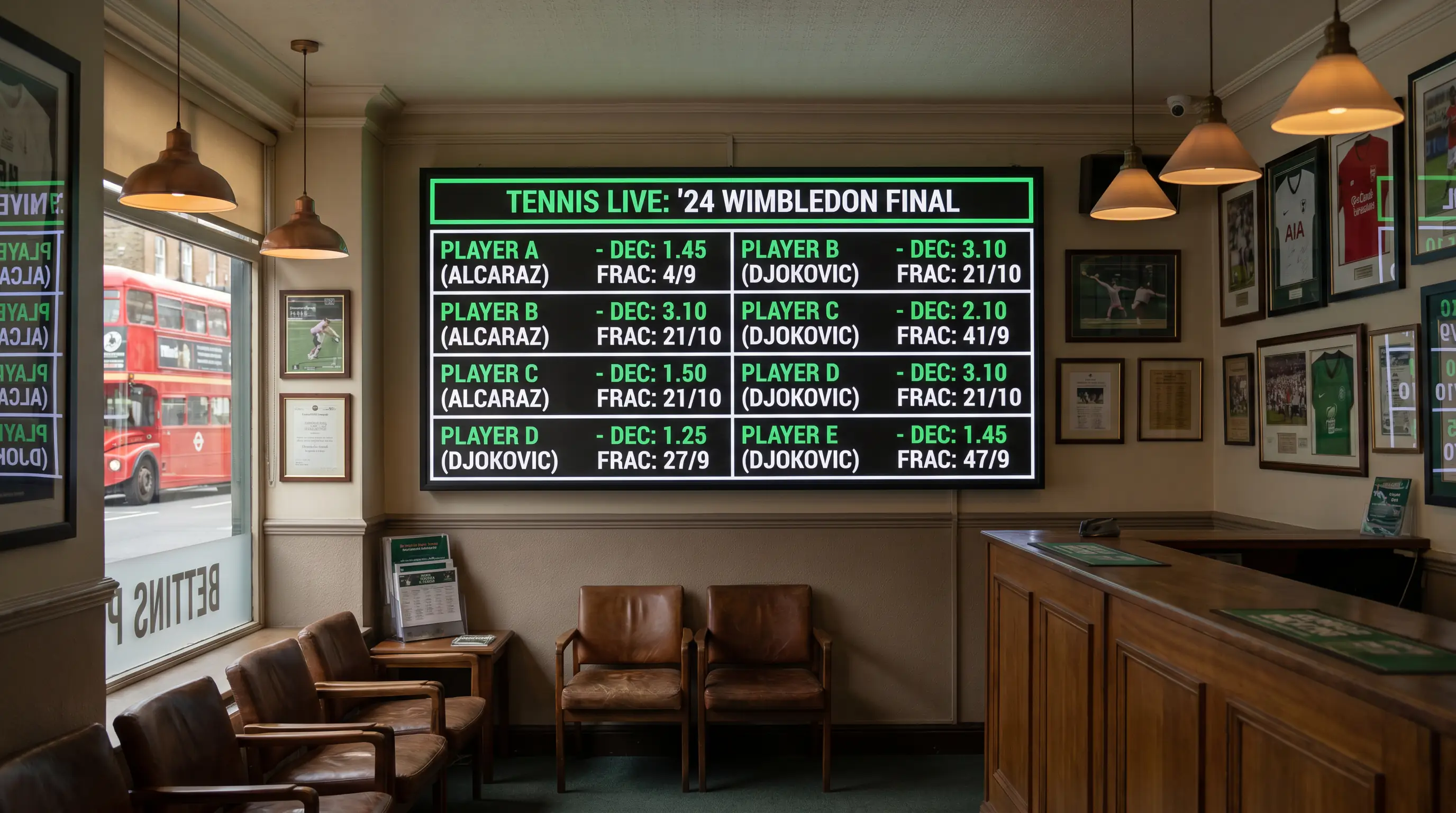 An odds board listing the same tennis match in decimal and fractional formats side by side