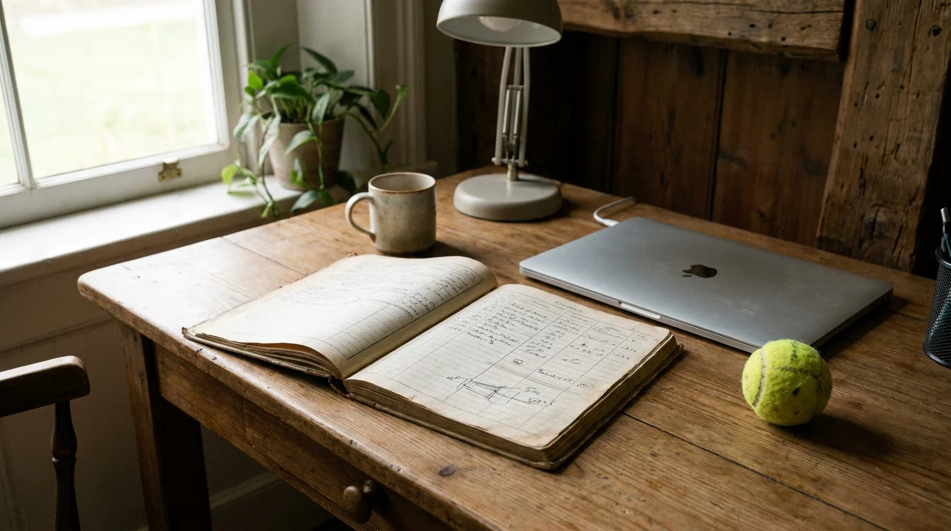 A tidy desk with a logbook and laptop, illustrating the discipline of keeping records