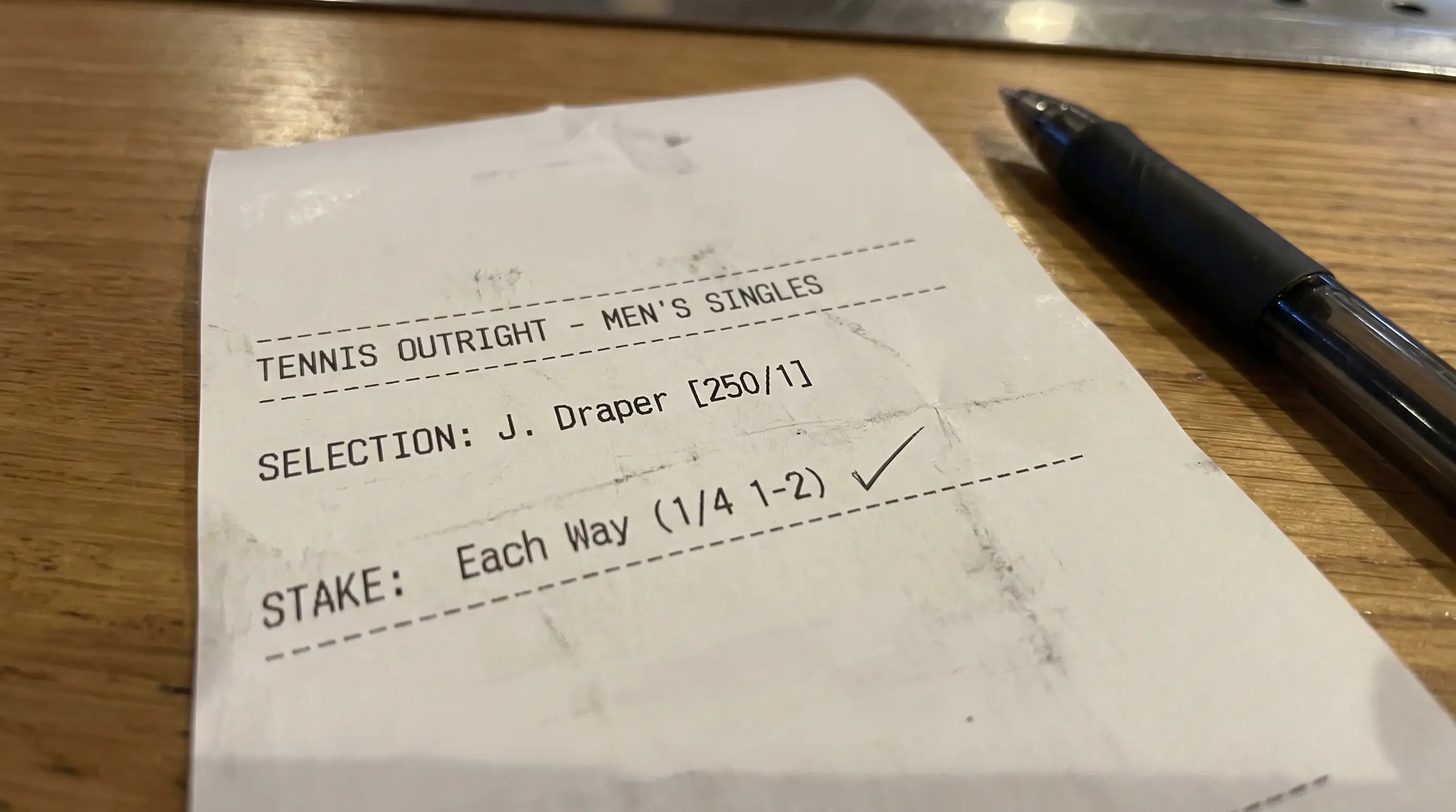 A long-priced outsider noted on a slip, illustrating where each-way place terms add value
