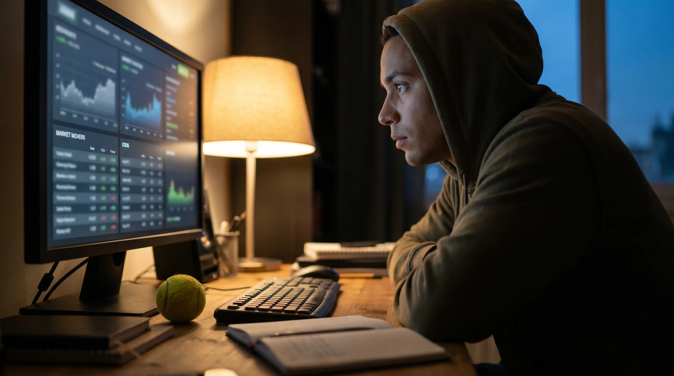 A value-focused trader at a screen, illustrating why the commission distinction is decisive