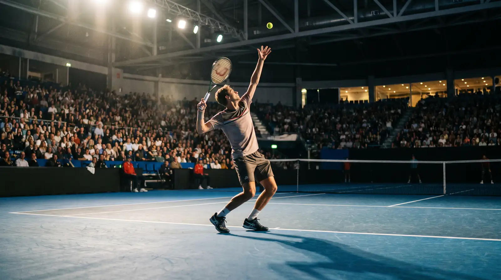 Player serving on a blue indoor hard court, illustrating how high hold rates let a weaker player steal a set