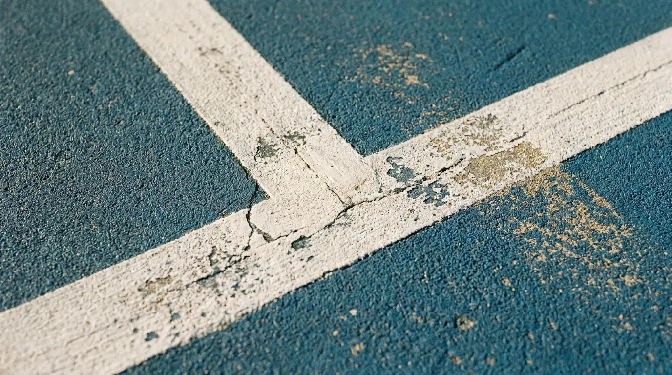 A worn green-blue outdoor hard court surface in close detail, illustrating how textures change speed