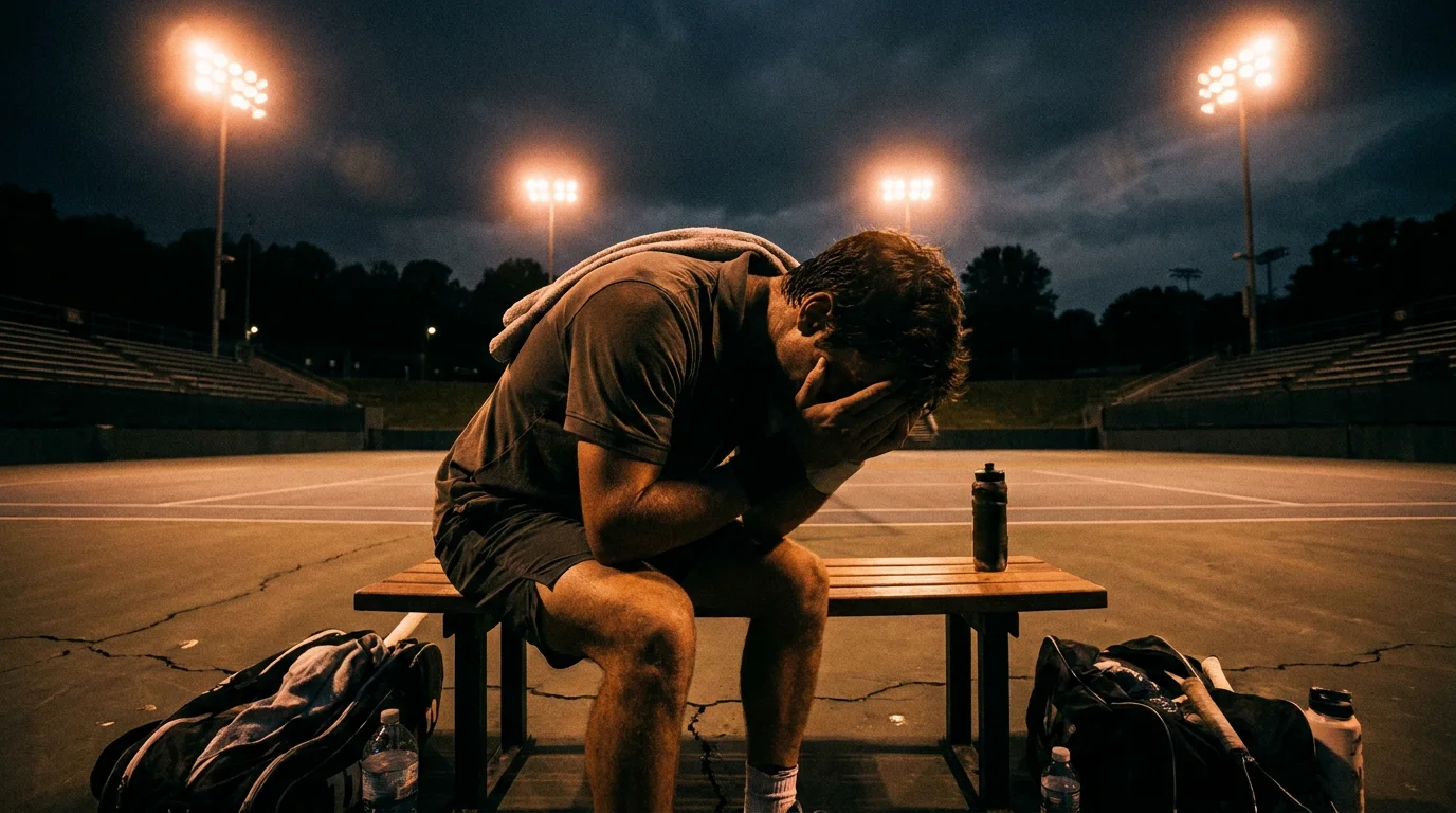Weary player slumped on a courtside bench at night, illustrating fatigue as a tennis betting angle