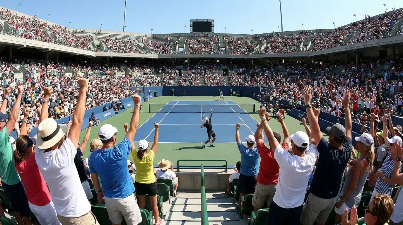 Crowd cheering an underdog while a steady favourite plays on a hard court, illustrating betting bias