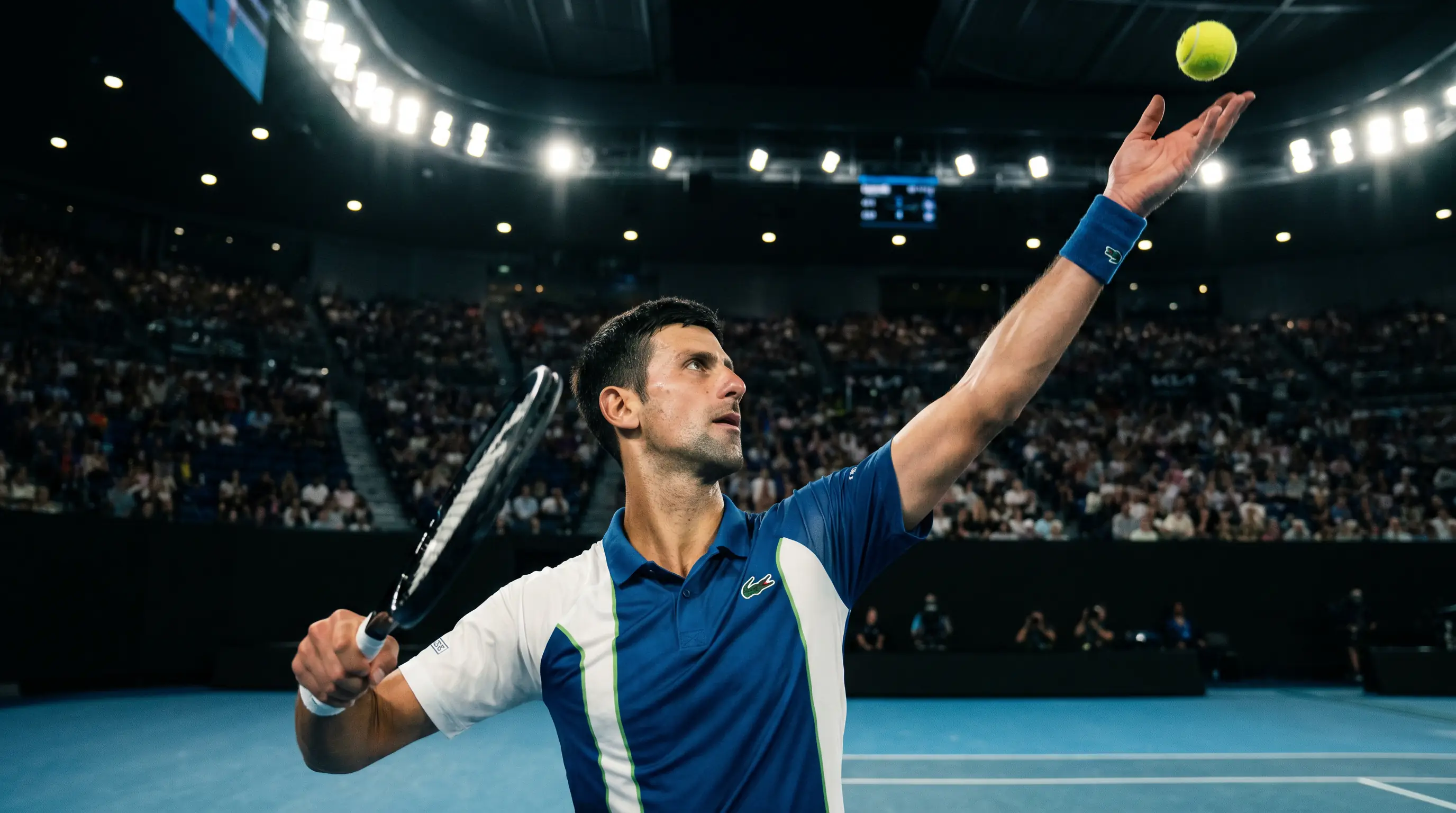 A crisp serve under a closed roof's still air, illustrating faster indoor-like conditions