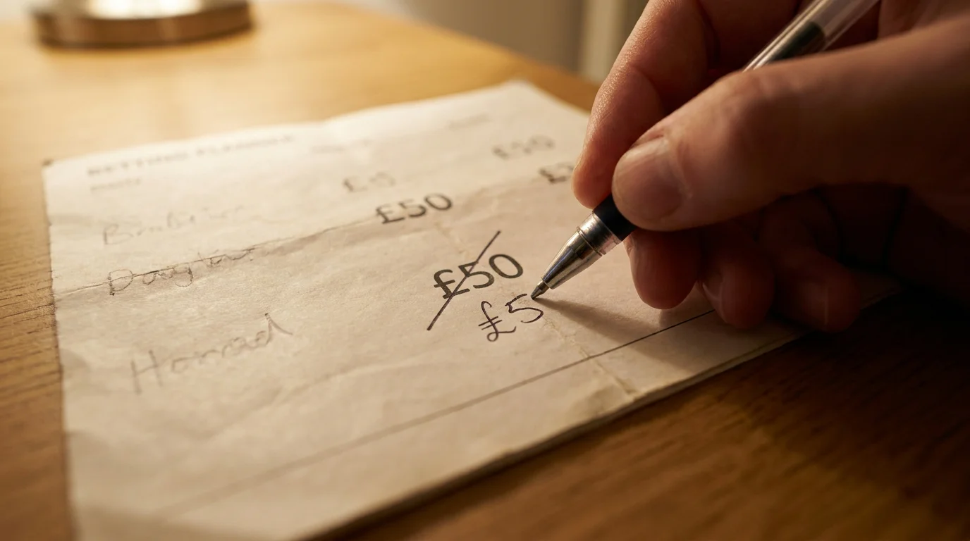 Hand noting a reduced fractional stake figure on a betting planner
