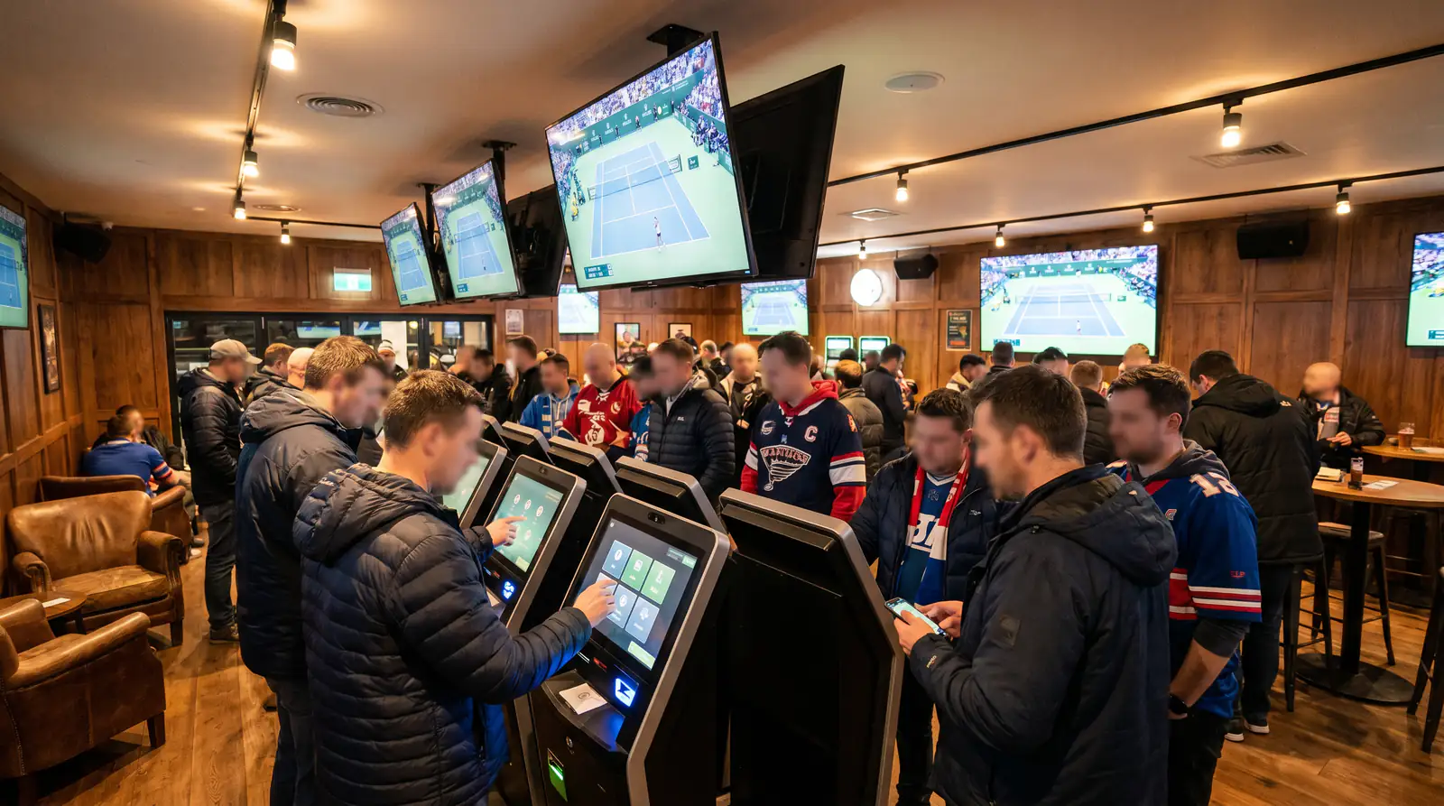 A wall of betting terminals in use, illustrating the global and online totals of the market