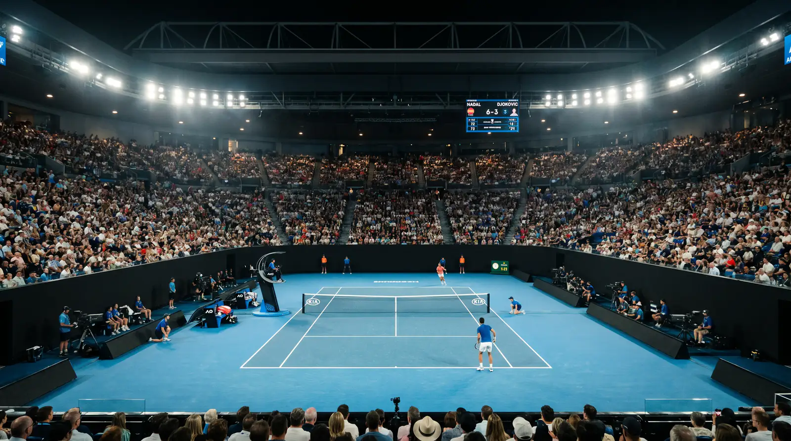 Full tennis stadium under floodlights during a Grand Slam night session with a packed crowd