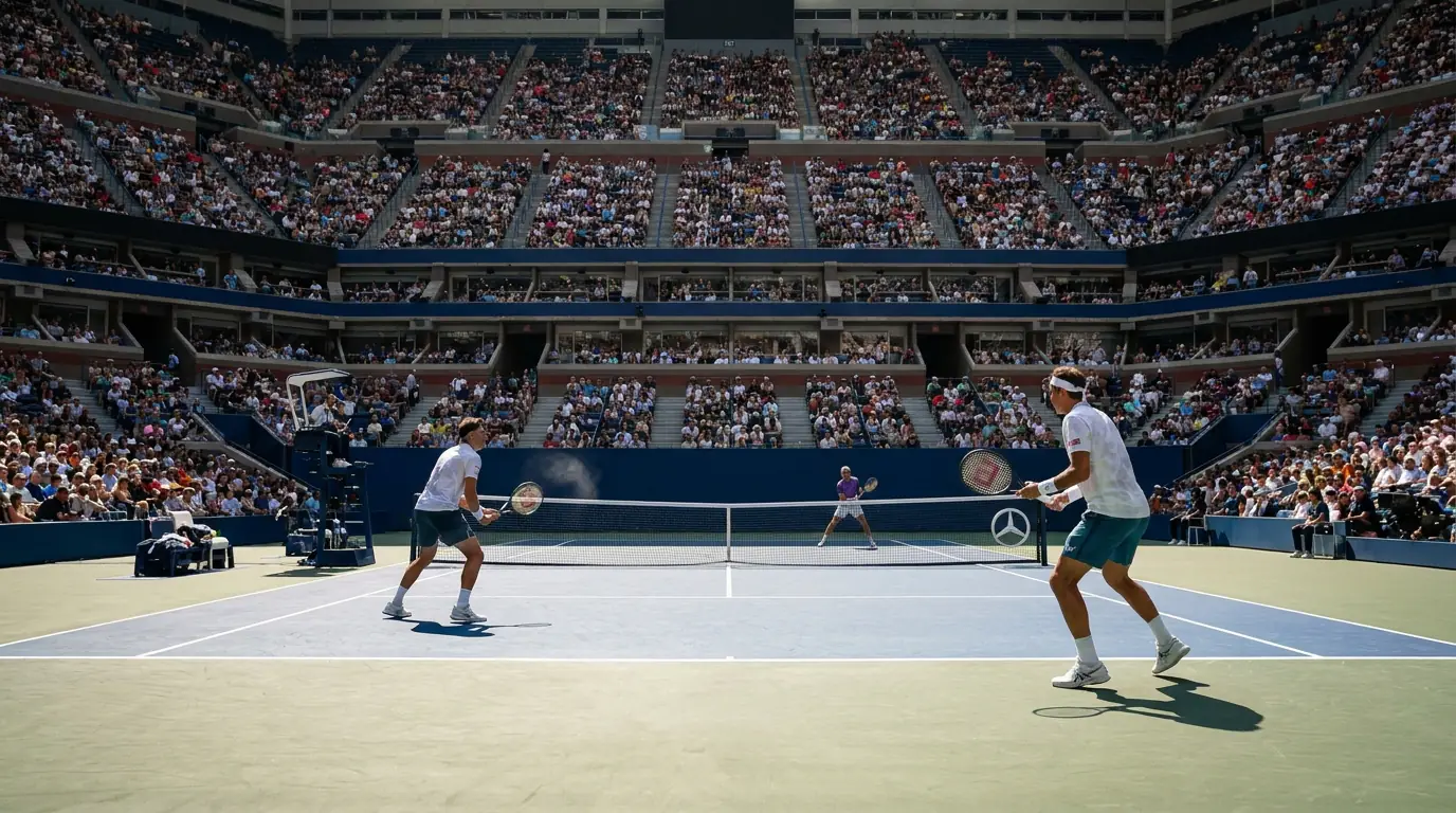 A Grand Slam centre court in full sun during a five-set match, illustrating the reliability of the majors