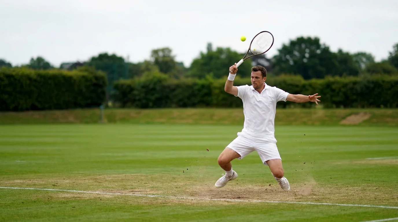 Player serving low and fast on a grass court during the short grass season