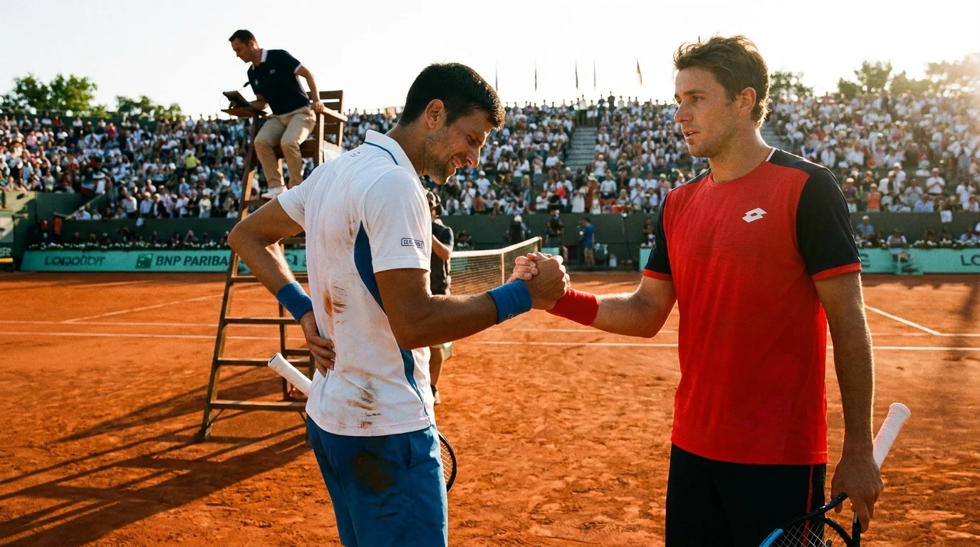 Two players shaking hands at the net after a retirement, the visible end of a settled match