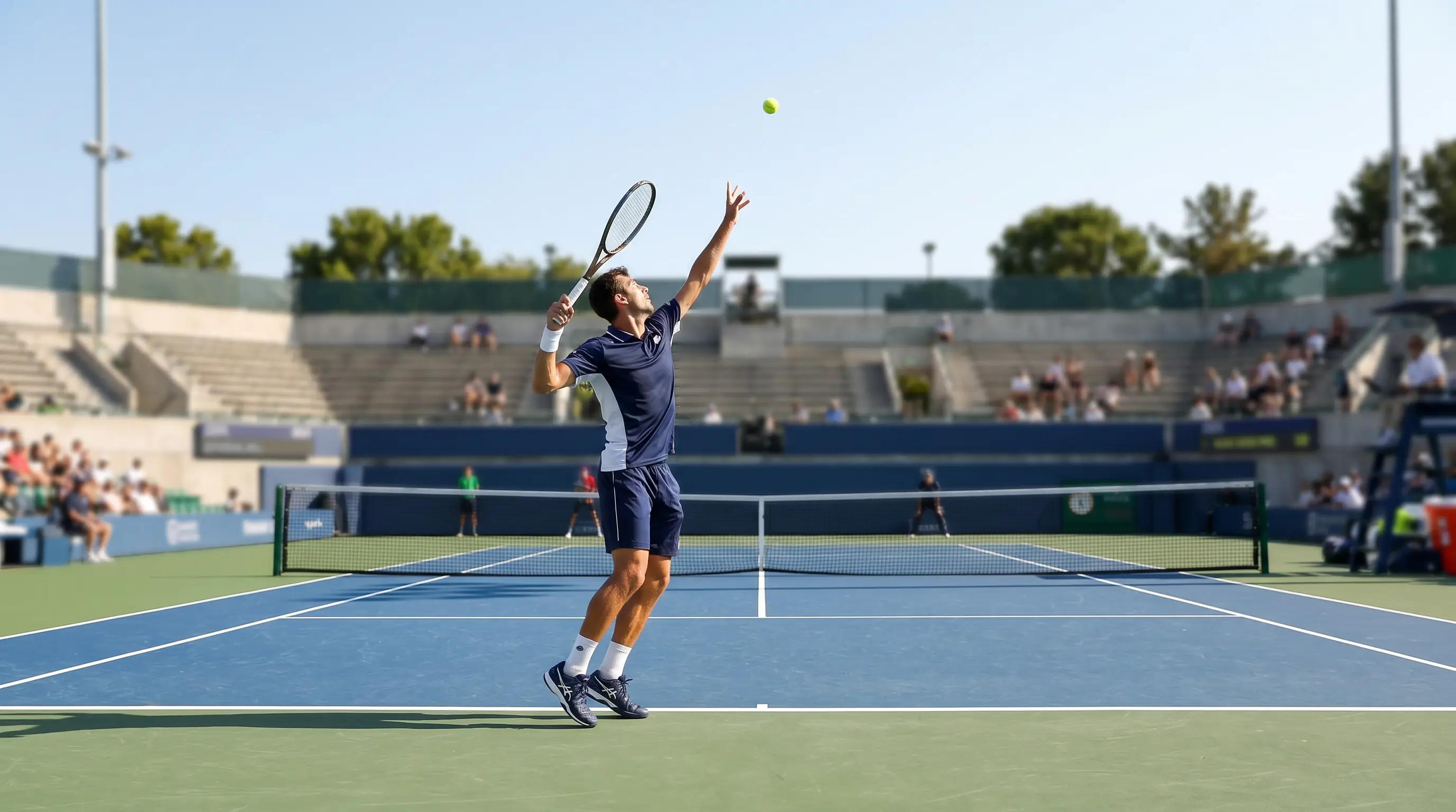 Player serving on an outdoor hard court where favourites win more predictably