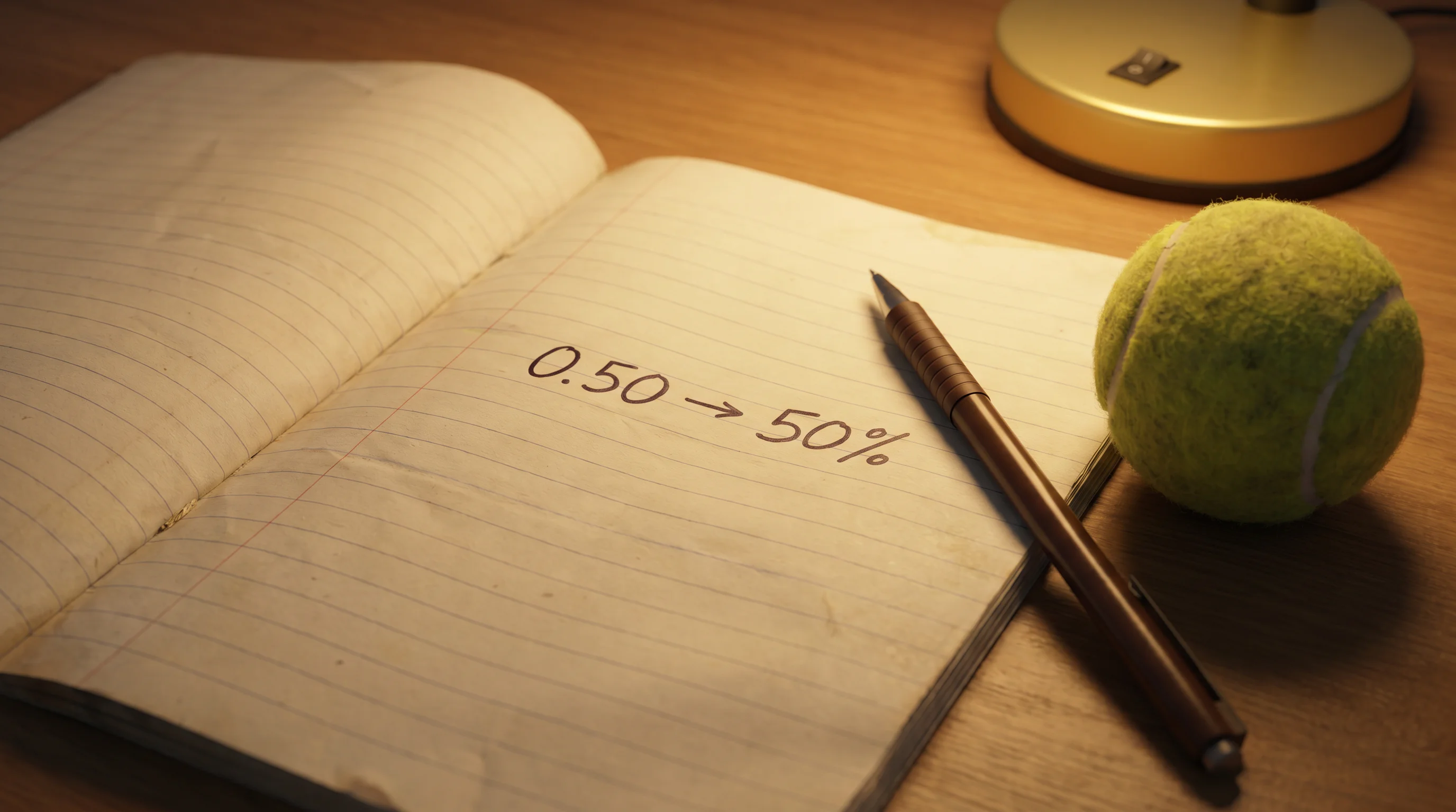 A handwritten conversion from a decimal price to a percentage in a notebook, illustrating implied probability