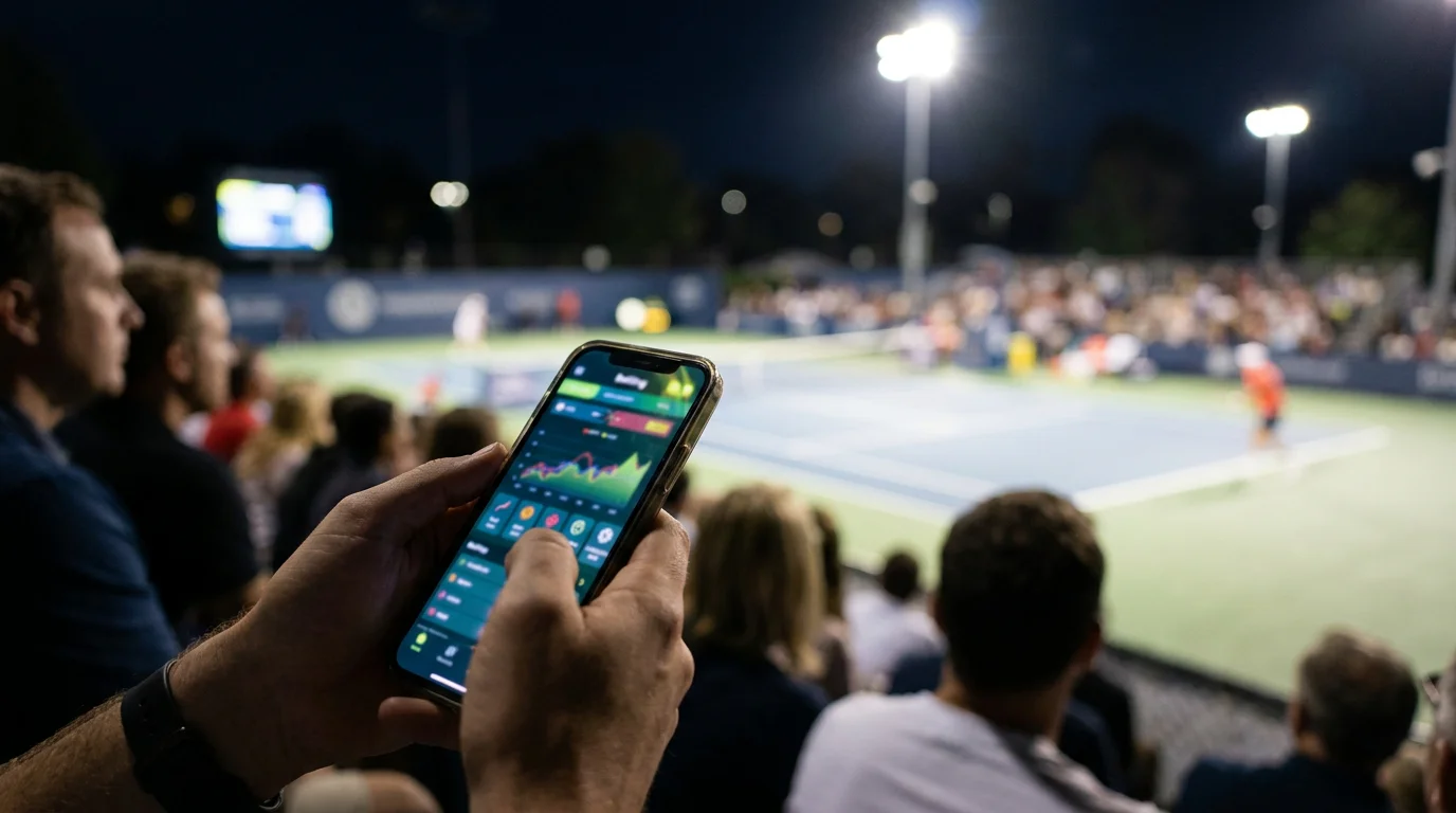 A spectator betting live on a phone during a match, illustrating the in-play and mobile shift