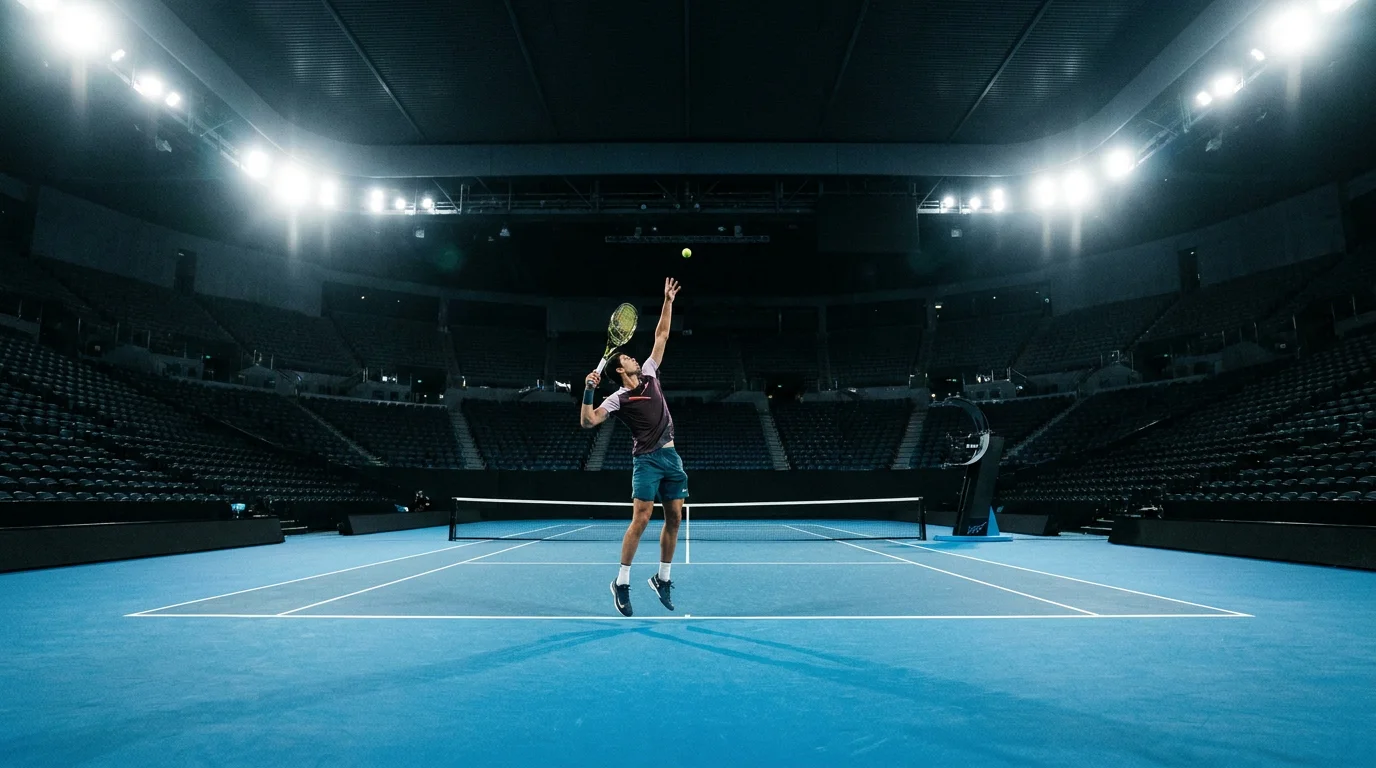 A player serving under the still air of an indoor arena, illustrating faster indoor conditions