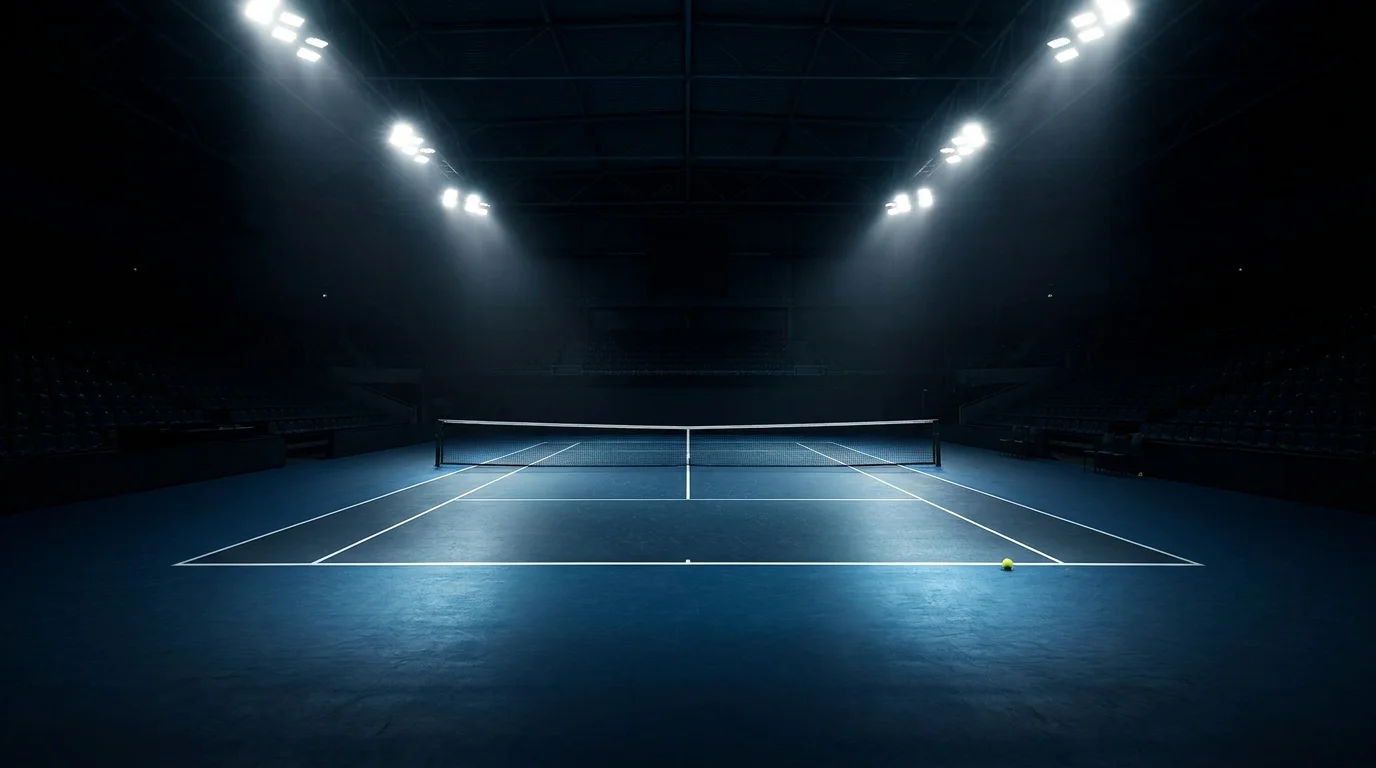 Fast indoor hard court under floodlights showing quicker playing conditions