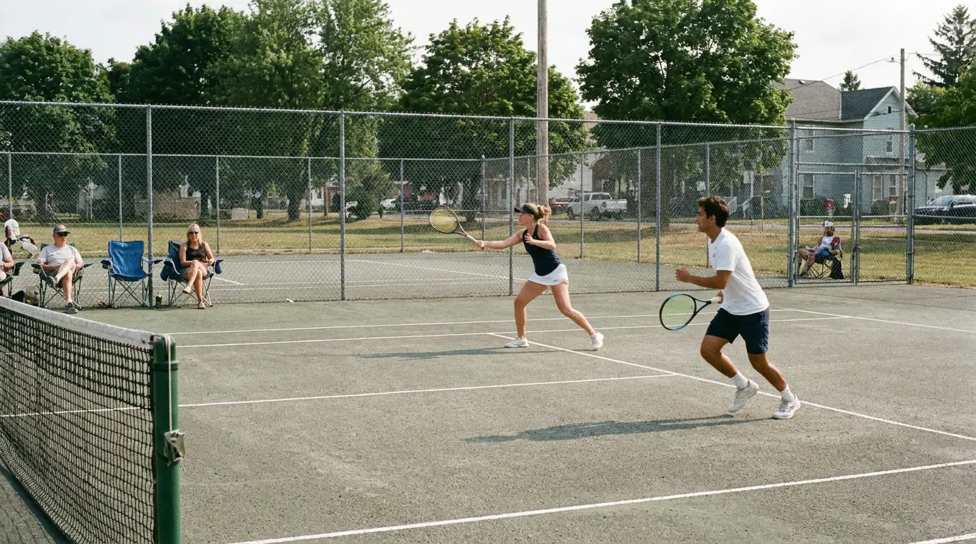 Court-side view of an ITF futures match, illustrating the bargain-bin end of professional tennis