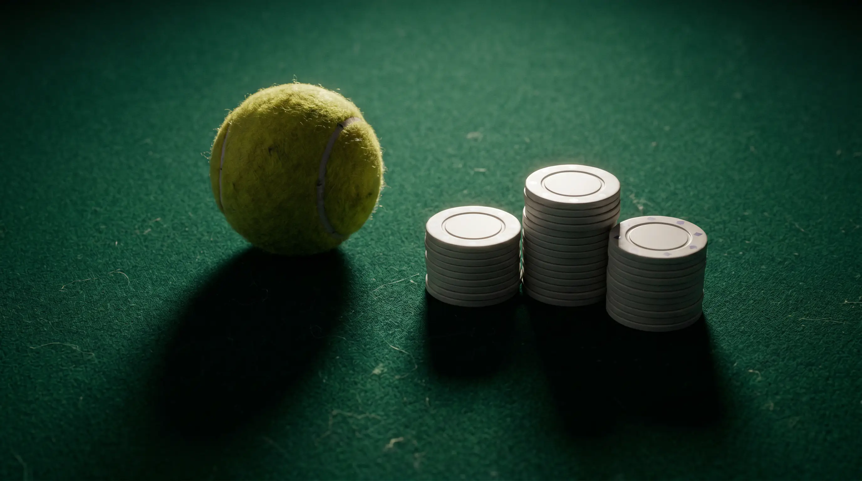 Stacks of betting chips of different heights beside a tennis ball, illustrating Kelly criterion stake sizing