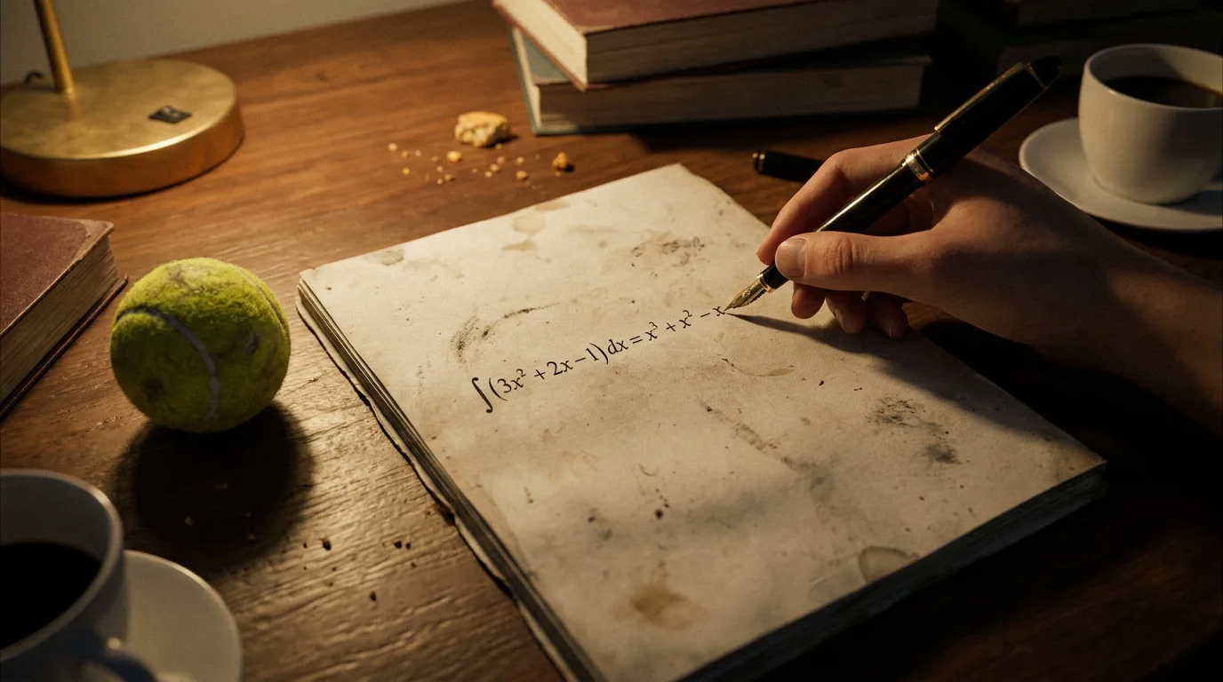 Handwritten Kelly stake working in a notebook beside a tennis ball, illustrating the formula in practice