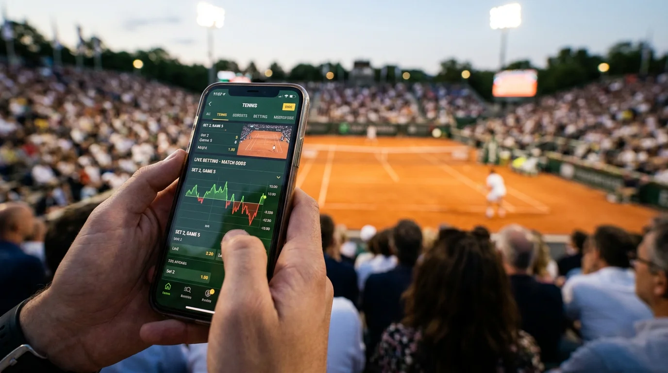 Spectator watching a live match while a betting app shows updating in-play prices on a phone