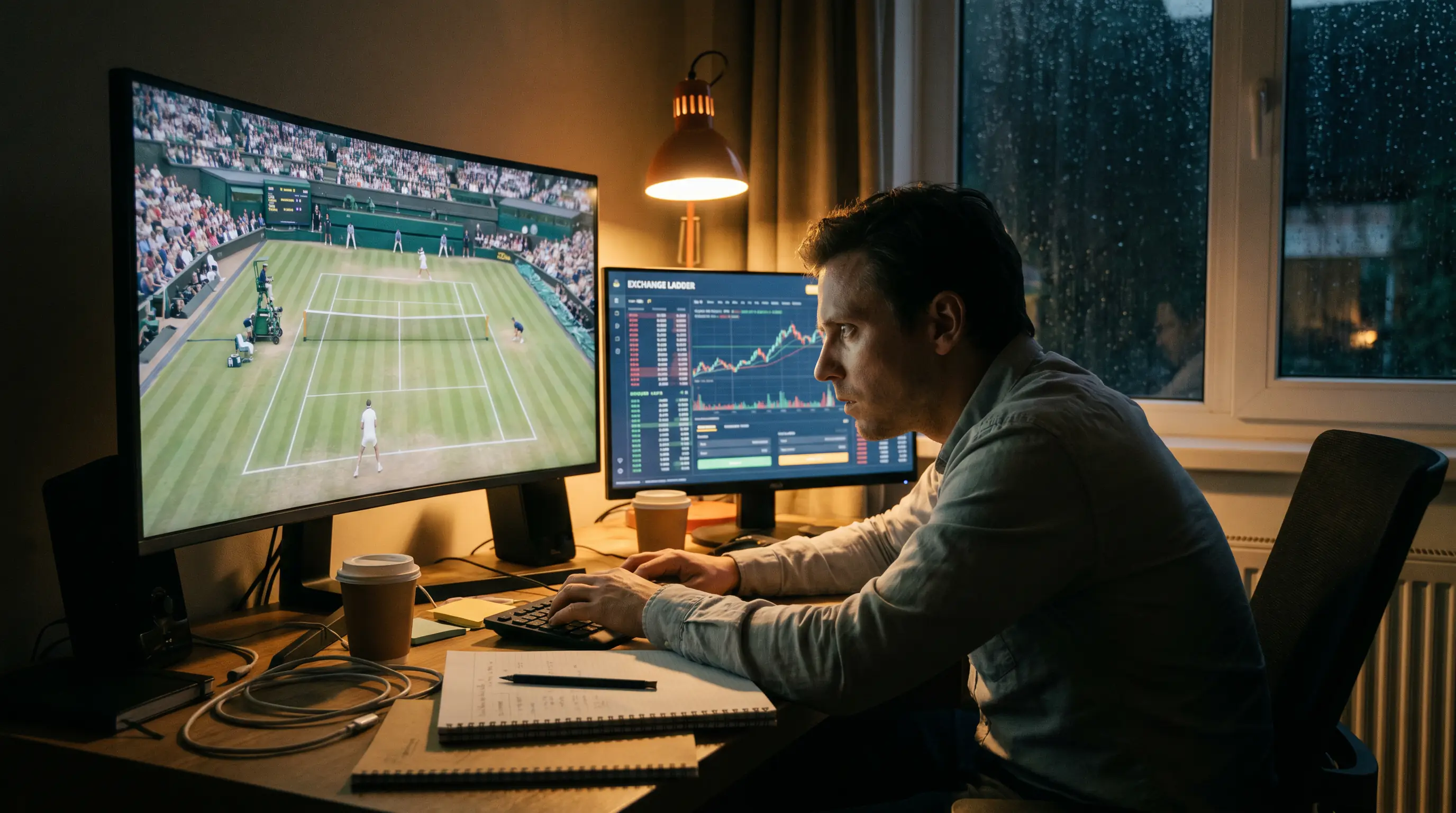 A trader watching a live match while managing an exchange position, illustrating live trading