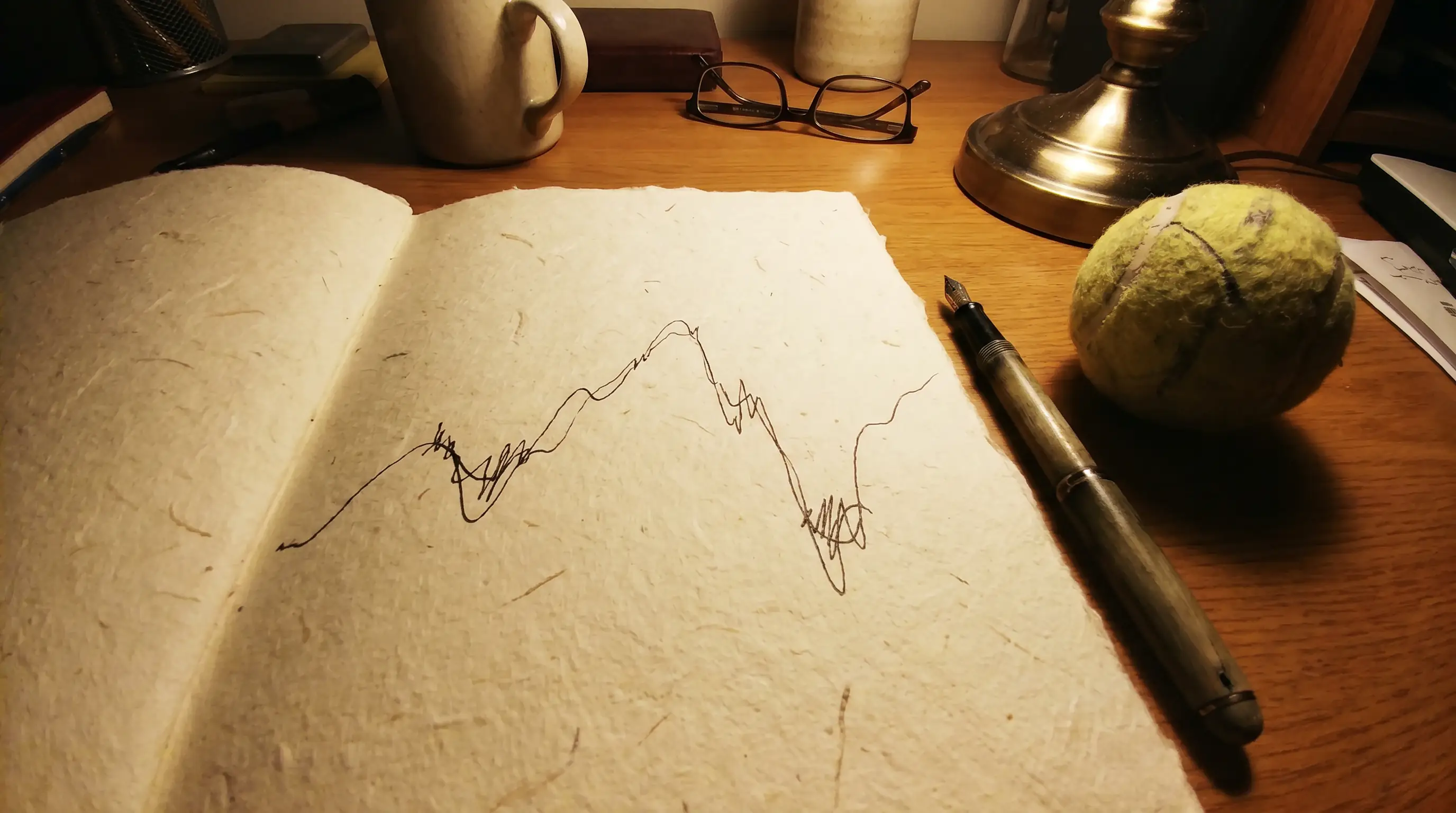 A hand-drawn equity curve with dips and recoveries, illustrating realistic long-term returns