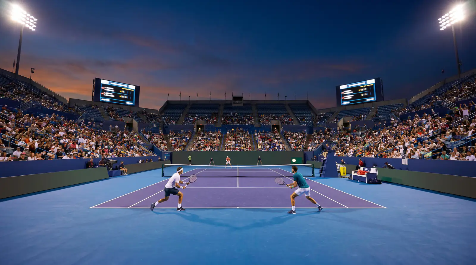 A Masters-level outdoor stadium mid-match, illustrating busy week-to-week tour betting