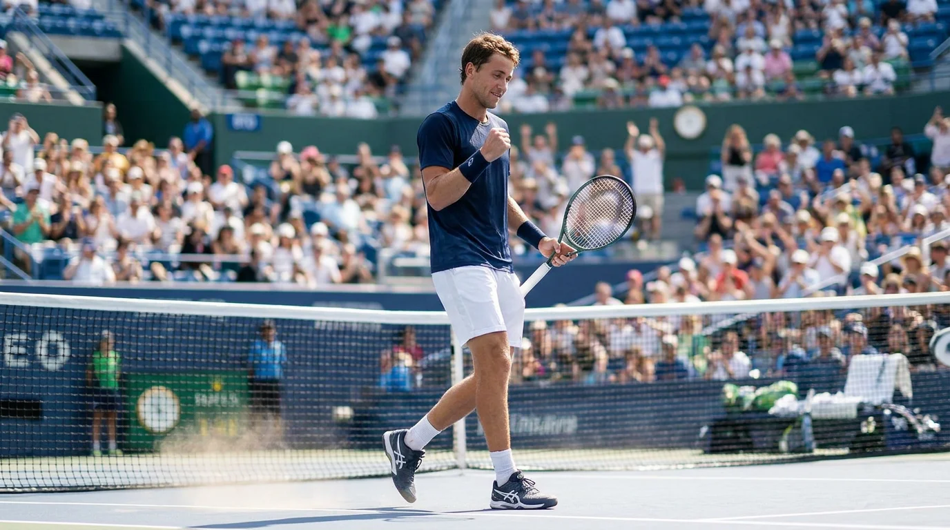 Singles player celebrating a match-winning point at the net