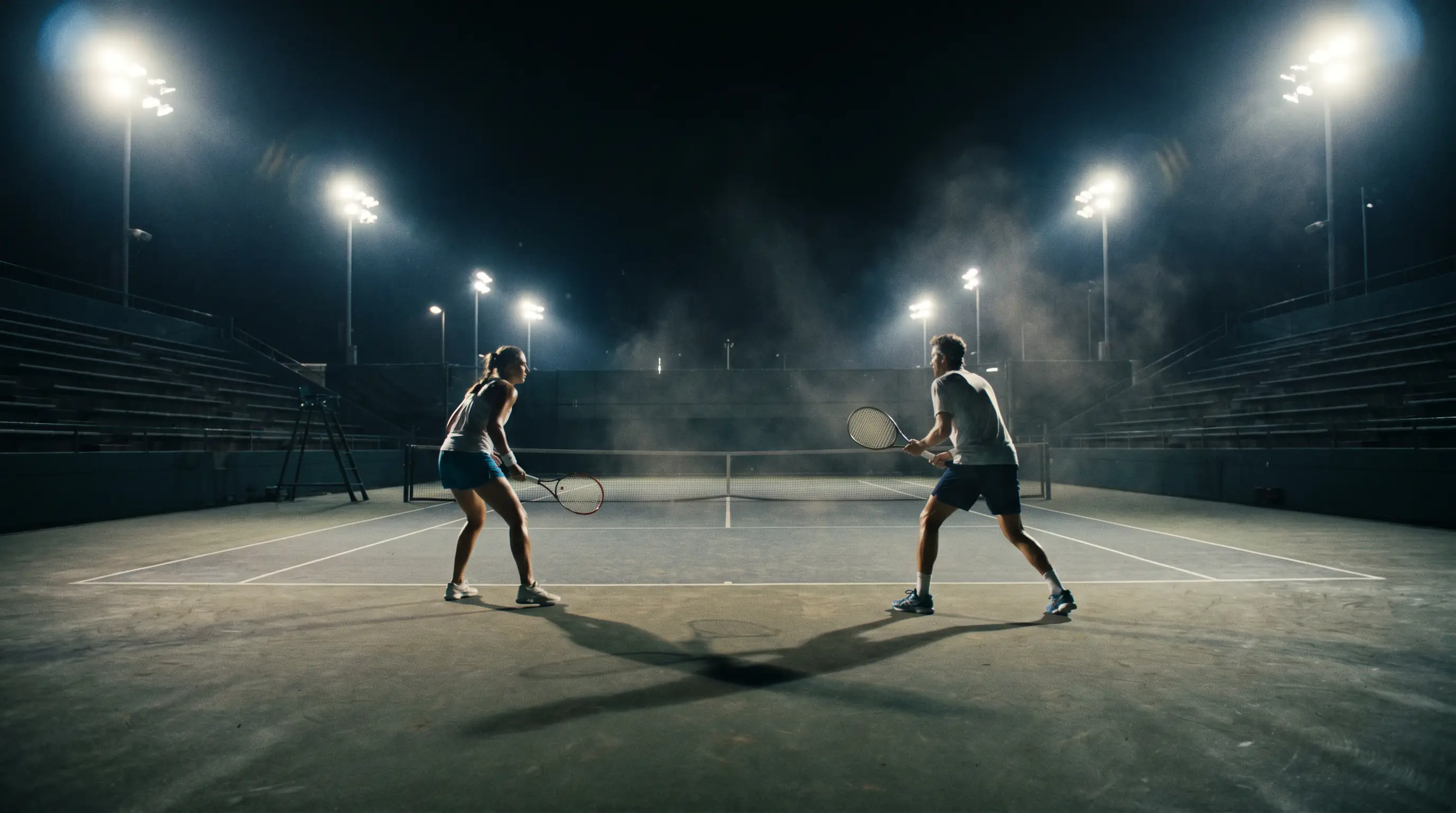 Floodlit late-night match finishing on an empty show court, illustrating short overnight recovery