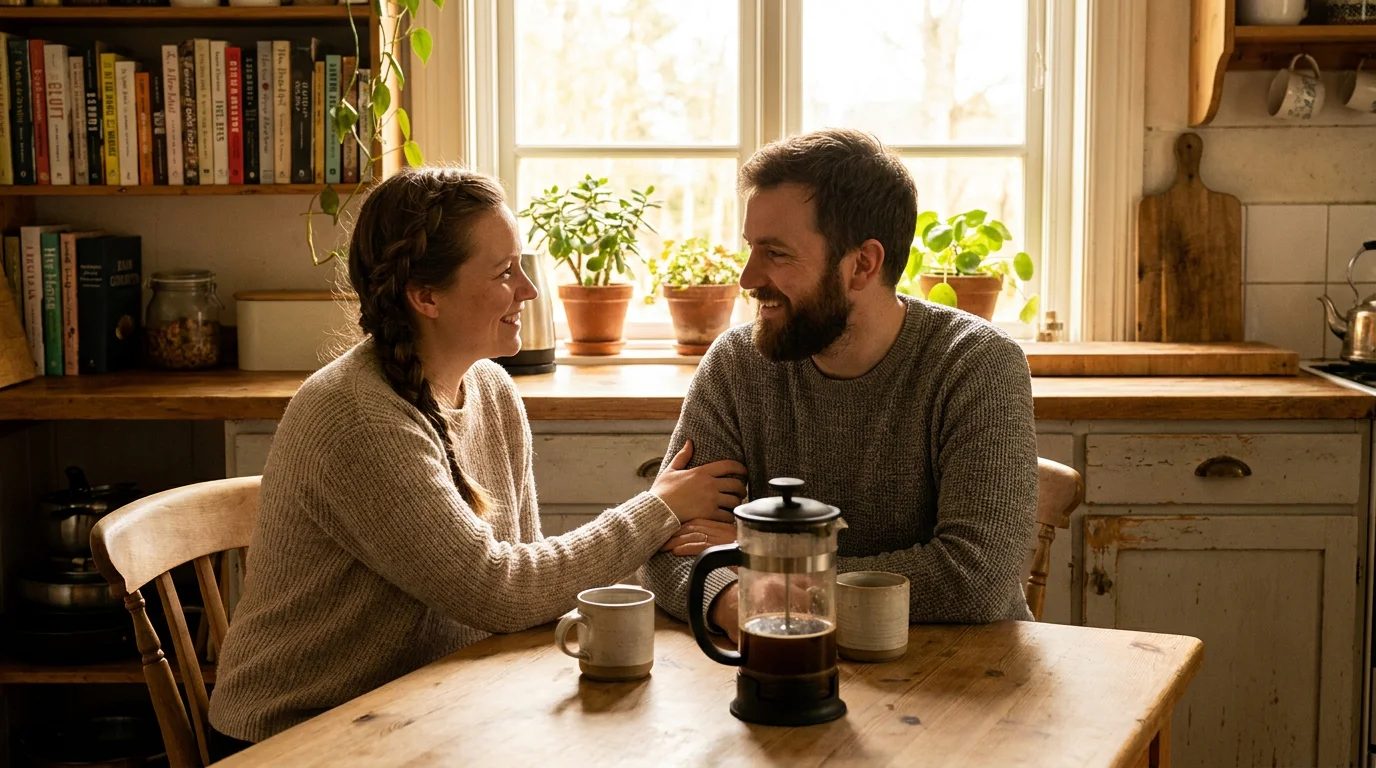 A reassuring, calm conversation over coffee, illustrating that recognising signs is not a crisis