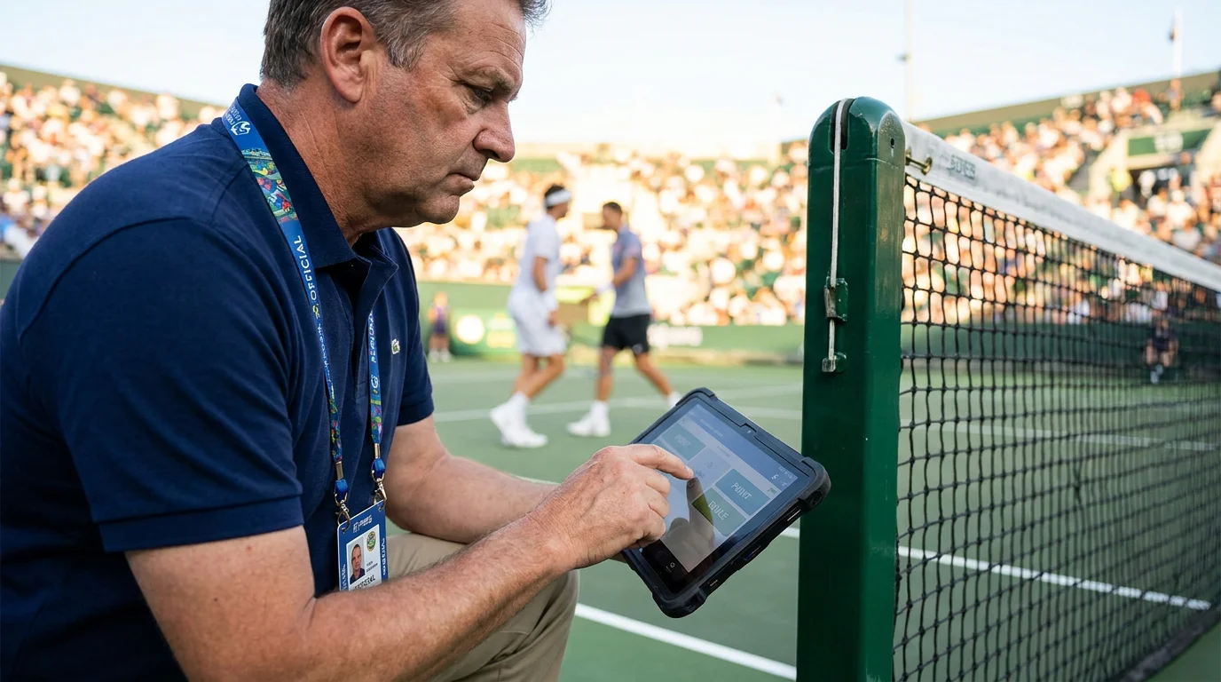 Courtside official entering point data on a handheld device, the source of the official live feed