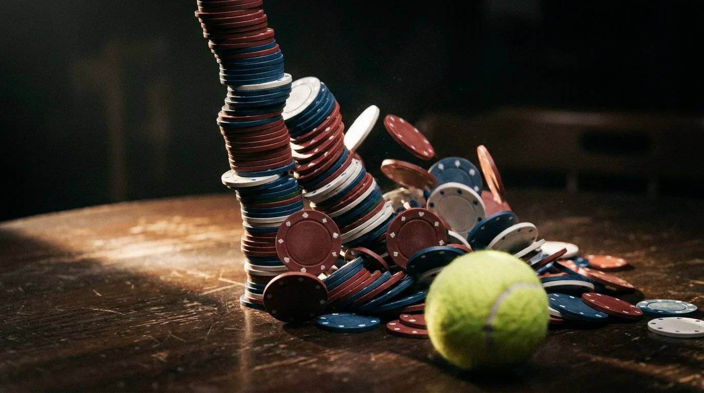 A toppling stack of chips, illustrating how overestimating an edge blows up a Kelly stake