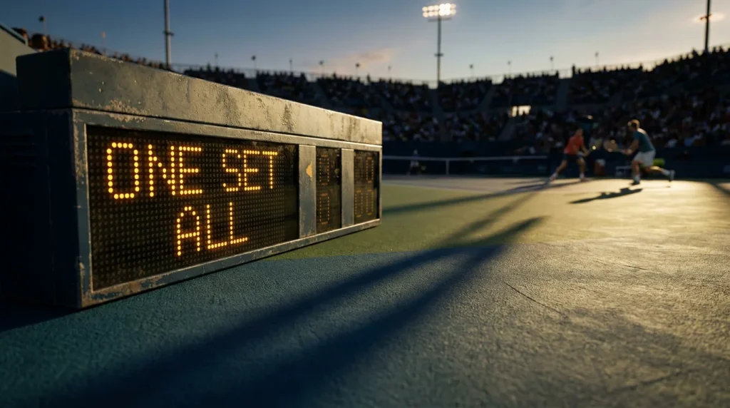 Tennis scoreboard reading one set all, illustrating how a +1.5 set handicap settles as a winning bet