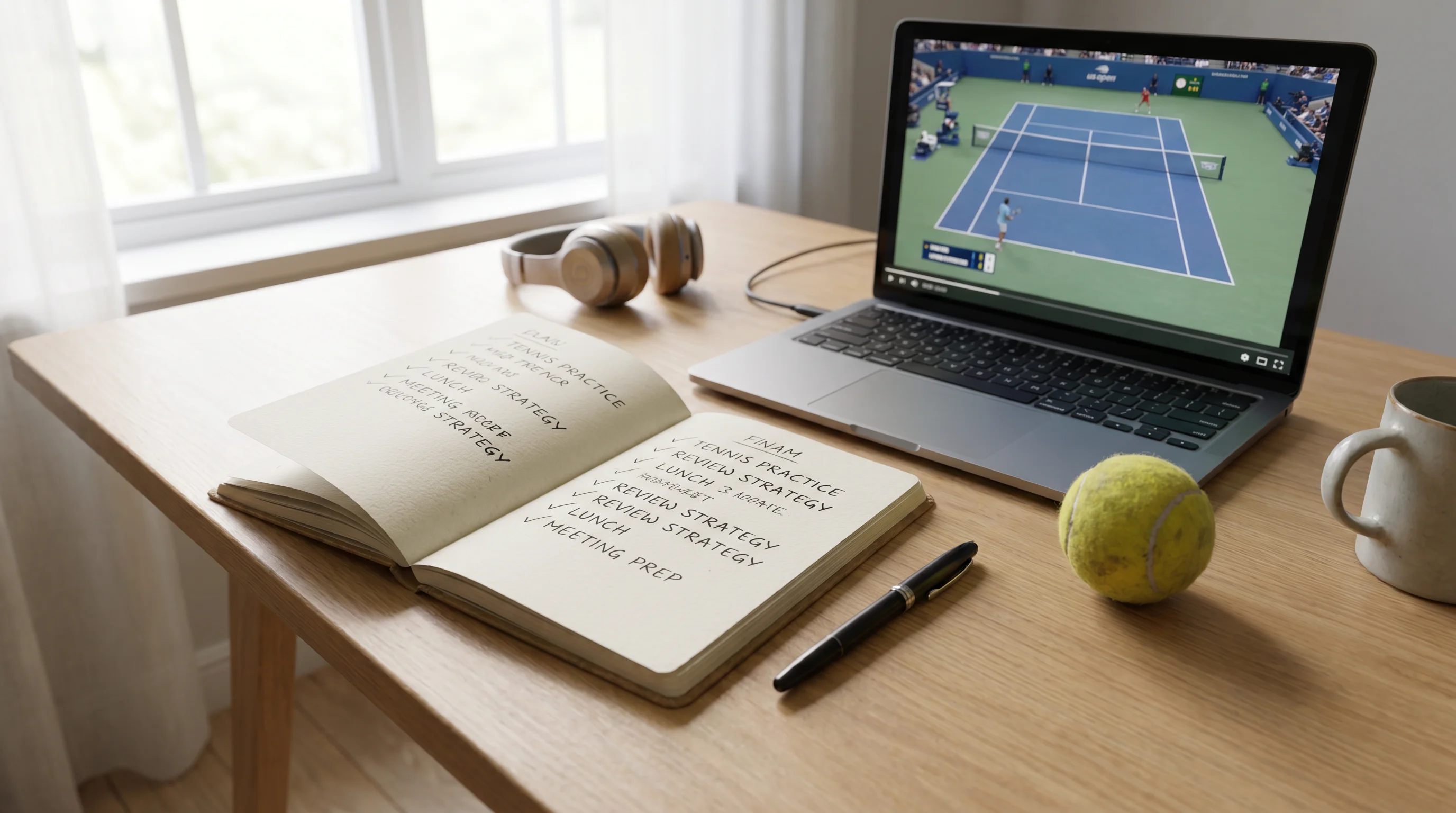 Notebook checklist with ticked boxes beside a laptop showing a tennis match, no calculator
