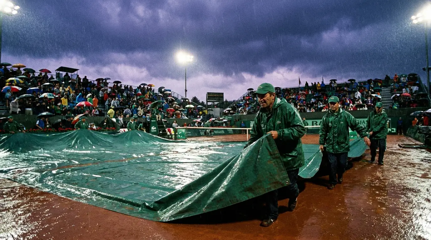 Ground staff hauling covers over a court under darkening skies, illustrating a rain delay